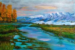 mountain painting sunset picture 23*35 inch mountain lake painting original artwork