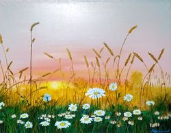 sunset painting original artwork 27*35 inch white daisy painting field grasses art