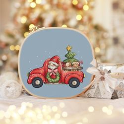 cross stitch pattern gnome in red truck, christmas truck cross stitch, christmas gnome cross stitch, qute cross stitch