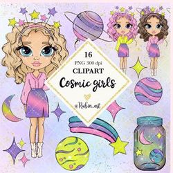 bright cosmic galaxy girls clipart, galaxy dolls clipart, cosmic clipart, galaxy planner stickers, girl illustrations