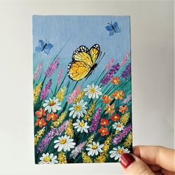 buy butterfly acrylic painting with wildflowers & insect art | small wall decor