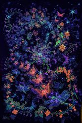 Blacklight decor "Dance of Butterfly" Tapestry decor Home poster Trippy art print Large Colorful backdrop with flowers