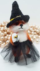 needle felted fox, fox in a witch outfit