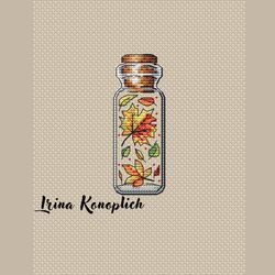 yellow leaves cross stitch pattern, autumn cross stitch pattern, xstitch pattern in pdf, bottle cross stitch pattern