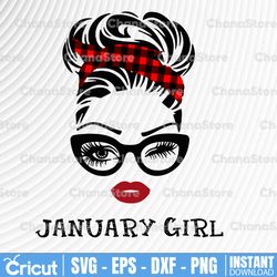 january girl svg, woman with glasses svg printable, girl with buffalo plaid bandana design, blink eyes png,