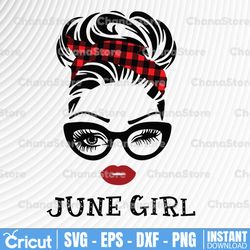 june girl svg, woman with glasses svg printable, girl with buffalo plaid bandana design, blink eyes png, june svg