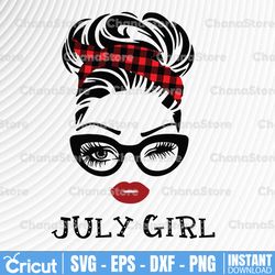 july girl svg, woman with glasses svg printable, girl with buffalo plaid bandana design, blink eyes png, july svg