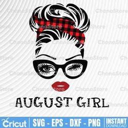 august girl svg, woman with glasses svg printable, girl with buffalo plaid bandana design, blink eyes png, august svg,