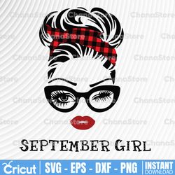 september girl svg, woman with glasses svg printable, girl with buffalo plaid bandana design, blink eyes png