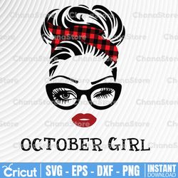 october girl svg, woman with glasses svg printable, girl with buffalo plaid bandana design, blink eyes png, october svg,