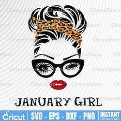 january girl svg, woman with glasses svg printable, girl with leopard plaid bandana design, blink eyes png