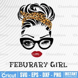 february girl svg, woman with glasses svg printable, girl with leopard plaid bandana design, blink eyes png