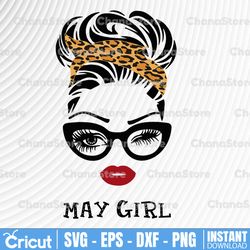 may girl svg, woman with glasses svg printable, girl with leopard plaid bandana design, blink eyes png, may svg