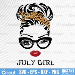july girl svg, woman with glasses svg printable, girl with leopard plaid bandana design, blink eyes png, july svg