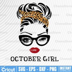 october girl svg, woman with glasses svg printable, girl with leopard plaid bandana design, blink eyes png, october svg,