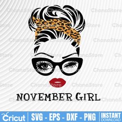 november girl svg, woman with glasses svg printable, girl with leopard plaid bandana design, blink eyes png,