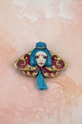 moth goddess handmade brooch. polymer clay jewelry. butterfly art figurine