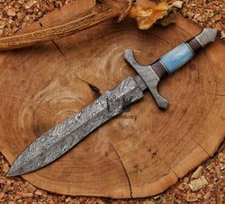 blade smith stunning handmade damascus steel double edge hunting dagger knife with sheath, fixed blade knife, gut hook