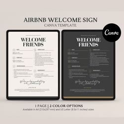 editable welcome sign template for airbnb vrbo hosts, 2 colors, house rules, wi-fi, check-out info, vacation rental