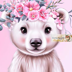 white bear illustration with pink flowers-1