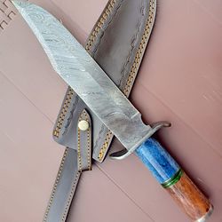 12 inches handmade damascus steel custom micarta wood handle camping knife