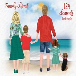 family clipart: "summer family clipart" family with dog dad mom children watercolor people siblings clipart family mug d