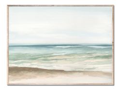 panoramic coastal landscape print beach watercolor painting neutral minimalist seascape wall art light aqua blue green