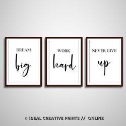 dream big, work hard, never give up, 3 pc set printable wall art, office desk, pink wall decor, motivational quotes