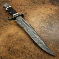 rare custom damascus fuller bowie knife bull horn handle