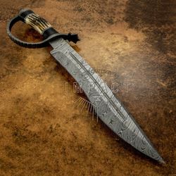 impact cutlery rare custom damascus large bowie knife | stag antler handle