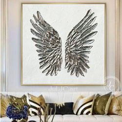 silver and white abstract wall art angel wings original painting | modern wall decor textured art