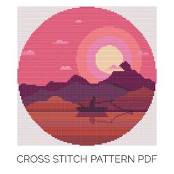 landscape painting fishing cross stitch pattern | counted cross stitch | cross stitch pattern pdf