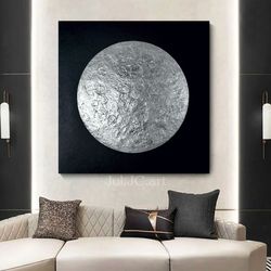 silver moon art black and silver abstract painting | large full moon original textured artwork modern wall art