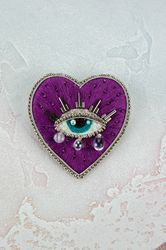 evil eye pin | witch heart brooch |sacred heart pin| embroidery beaded heart pin| magic heart brooch |witchcraft gift fo