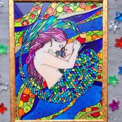 original painting mermaid mother and child stained glass art babyshower gift painting for children room texture painting