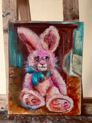 pink rabbit wall art toy bunny oil painting on board 9*11 inch