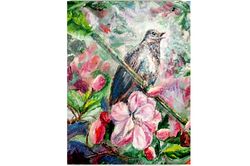 nightingale painting bird original art hibiscus wall art rose flower artwork