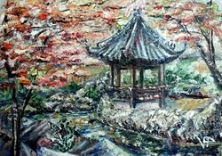 buddhist gazebo painting landscape original art acrylic artwork artwork