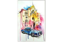 retro car painting original art cityscape watercolor church artwork