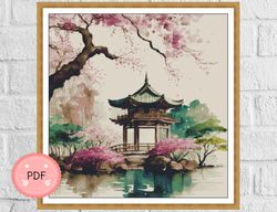 cross stitch pattern , japanese garden , pdf file , asian style,cherry blossom,asian landscape,sakura garden