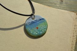 mountains landscape glass pendant. hand painted seascape. glass necklace.