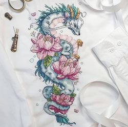 dragon in lilies, cross stitch dragon, flowers, eastern dragon, salamandra