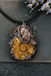 goddess handmade pendant. pendant with ammonite. jewelry polymer clay