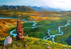 mountain landscape painting artwork 27*39 inch field grass painting river in forest picture