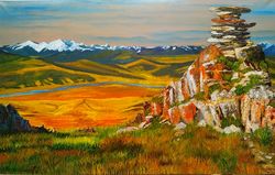 mountain landscape art original oil painting 23*37inch field grass painting wall art