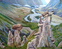 mountain art original oil painting 27*35 inch wall art stone statues painting