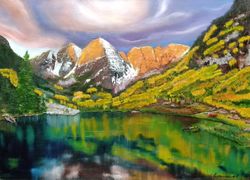 mountain art original oil painting 19*27 inch forest lake painting artwork