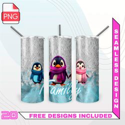 penguin family with kids tumbler wrap seamless designs - skinny tumbler 20oz design png