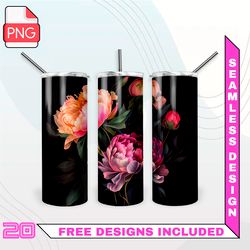 peonies on a black background tumbler wrap seamless designs - skinny tumbler 20oz design png