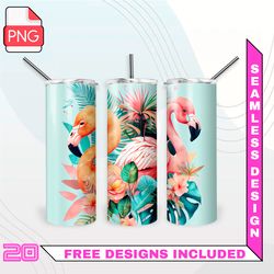 painted flamingos in flowers tumbler wrap seamless designs - skinny tumbler 20oz design png